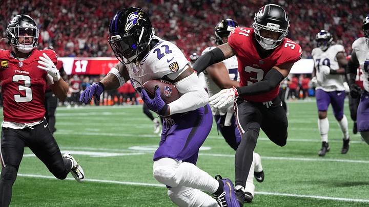 Oct 11, 2026; Atlanta, Georgia, USA; Baltimore Ravens running back Derrick Henry (22) scores a touchdown during the third quarter against Atlanta Falcons safety Xavier Watts (31) and safety Jessie Bates III (3) at Mercedes-Benz Stadium. Mandatory Credit: Dale Zanine-Imagn Images Oct 11, 2026; Atlanta, Georgia, USA; Baltimore Ravens running back Derrick Henry (22) scores a touchdown during the third quarter against Atlanta Falcons safety Xavier Watts (31) and safety Jessie Bates III (3) at Mercedes-Benz Stadium. Mandatory Credit: Dale Zanine-Imagn Images