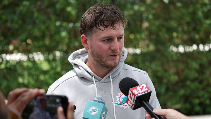 Miami Dolphins quarterback Quinn Ewers (14) speaks to the media after a minicamp practice at the Baptist Health Training Complex. Miami Dolphins quarterback Quinn Ewers (14) speaks to the media after a minicamp practice at the Baptist Health Training Complex.