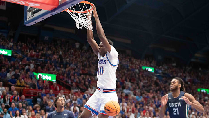 Kansas Jayhawks forward Flory Bidunga (40) dunks the ball against North Carolina-Wilmington Seahawks during the first half of the game inside Allen Fieldhouse Tuesday, Nov. 19, 2024.