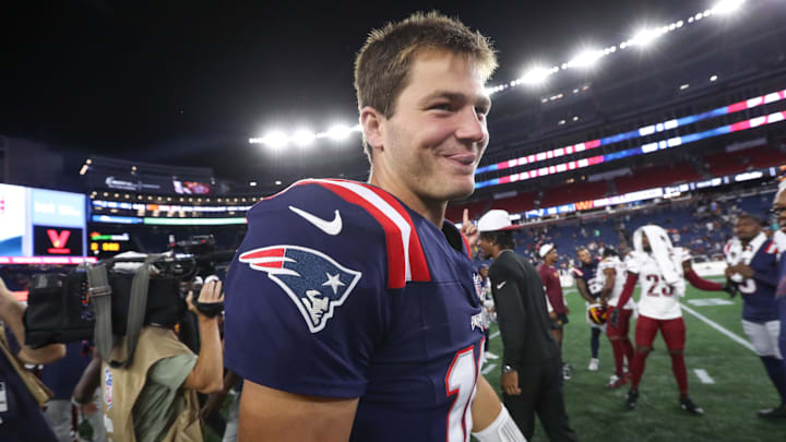 Aug 8, 2025; Foxborough, Massachusetts, USA; New England Patriots quarterback Drake Maye (10) reacts after defeating the Washington Commanders at Gillette Stadium. Mandatory Credit: Paul Rutherford-Imagn Images