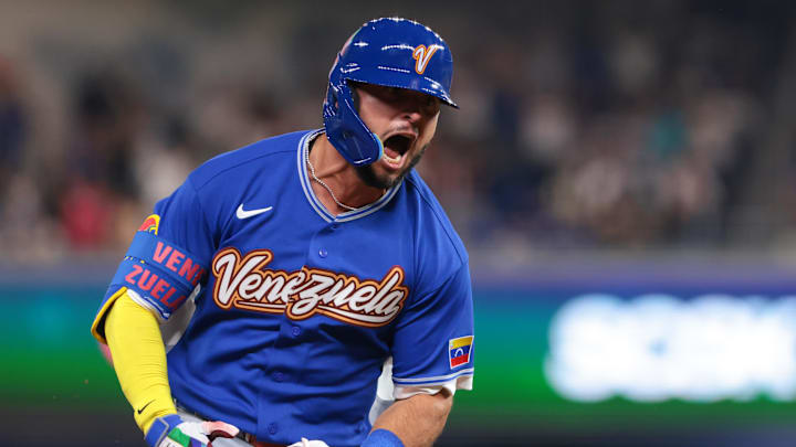 Mar 14, 2026; Miami, FL, United States; Venezuela left fielder Wilyer Abreu (16) reacts while rounding the bases after hitting a three-run home run against Japan in the sixth inning during a quarterfinal game of the 2026 World Baseball Classic at loanDepot Park. Mandatory Credit: Sam Navarro-Imagn Images Mar 14, 2026; Miami, FL, United States; Venezuela left fielder Wilyer Abreu (16) reacts while rounding the bases after hitting a three-run home run against Japan in the sixth inning during a quarterfinal game of the 2026 World Baseball Classic at loanDepot Park. Mandatory Credit: Sam Navarro-Imagn Images