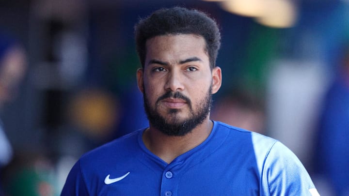Mar 17, 2025; Dunedin, Florida, USA; Toronto Blue Jays outfielder Anthony Santander (25) looks on from the dugout against the New York Yankees in the fourth inning during spring training at TD Ballpark. Mandatory Credit: Nathan Ray Seebeck-Imagn Images
