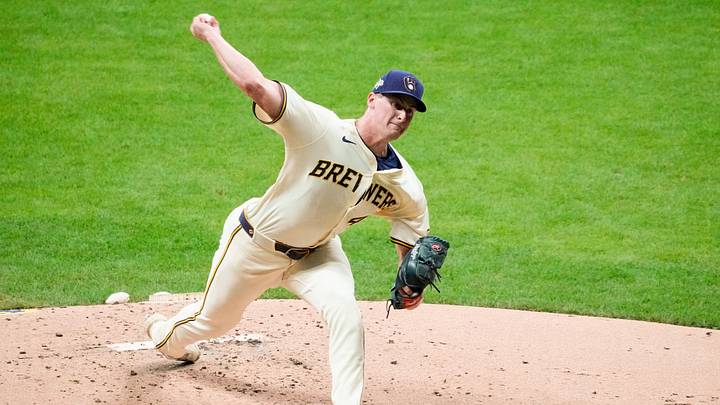 Oct 13, 2025; Milwaukee, Wisconsin, USA; Milwaukee Brewers pitcher Quinn Priester (46) throws a pitch against the Los Angeles Dodgers in the second inning during game one of the NLCS round for the 2025 MLB playoffs at American Family Field. Mandatory Credit: Michael McLoone-Imagn Images