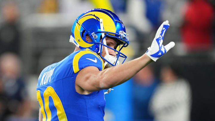 Jan 13, 2025; Glendale, AZ, USA; Los Angeles Rams wide receiver Cooper Kupp (10) practices before the NFC wild card game against the Minnesota Vikings at State Farm Stadium. Mandatory Credit: Joe Camporeale-Imagn Images