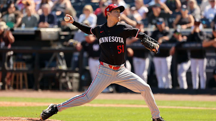 Feb 26, 2024; Tampa, Florida, USA; Minnesota Twins pitcher Matt Bowman (51) throws a pitch during the third inning against the New York Yankees at George M. Steinbrenner Field. Mandatory Credit: Kim Klement Neitzel-Imagn Images