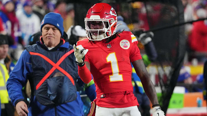 Jan 26, 2025; Kansas City, MO, USA; Kansas City Chiefs wide receiver Xavier Worthy (1) reacts against the Buffalo Bills during the first half in the AFC Championship game at GEHA Field at Arrowhead Stadium. Mandatory Credit: Denny Medley-Imagn Images