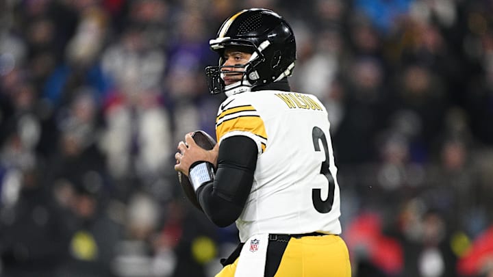 Jan 11, 2025; Baltimore, Maryland, USA; Pittsburgh Steelers quarterback Russell Wilson (3) looks to pass in the first quarter against the Baltimore Ravens in an AFC wild card game at M&T Bank Stadium. Mandatory Credit: Tommy Gilligan-Imagn Images