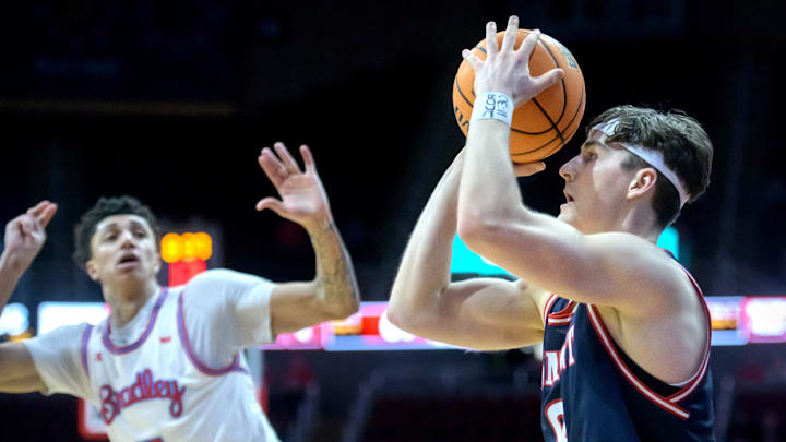 Belmont’s Tyler Lundblade, right, lines up one of his three-pointers against Bradley in the second half of their MVC basketball game Wednesday, Feb. 5, 2025 at Carver Arena. Lundblade dropped eight three-pointers and the Braves fell to the Bruins 80-77.
