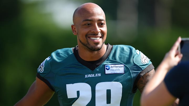 Jul 24, 2025; Philadelphia, PA, USA; Philadelphia Eagles running back AJ Dillon (29) poses during training camp at NovaCare Complex. Mandatory Credit: Kyle Ross-Imagn Images