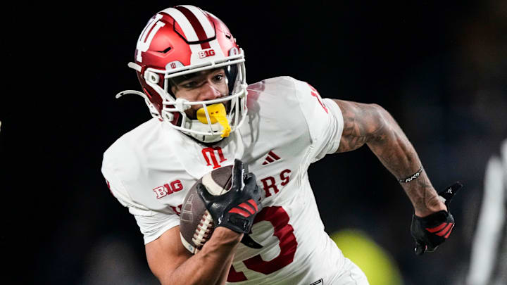 Indiana Hoosiers wide receiver Elijah Sarratt (13) rushes up the field Friday, Nov. 28, 2025, during the 100th annual Old Oaken Bucket game at Ross-Ade Stadium in West Lafayette. Indiana Hoosiers defeated the Purdue Boilermakers, 56-3.