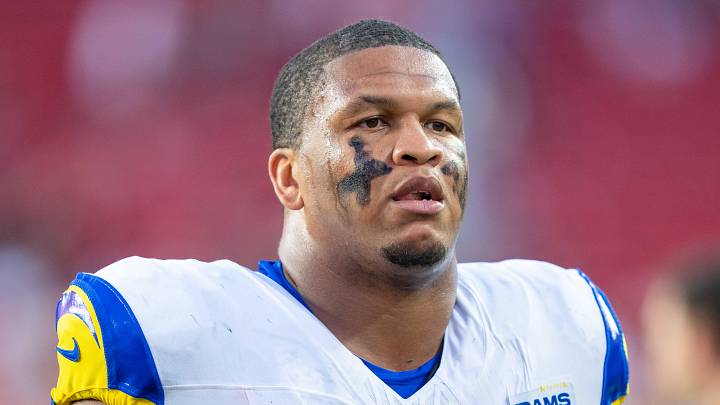 November 9, 2025; Santa Clara, California, USA; Los Angeles Rams offensive tackle Alaric Jackson (77) after the game against the San Francisco 49ers at Levi's Stadium. Mandatory Credit: Kyle Terada-Imagn Images November 9, 2025; Santa Clara, California, USA; Los Angeles Rams offensive tackle Alaric Jackson (77) after the game against the San Francisco 49ers at Levi's Stadium. Mandatory Credit: Kyle Terada-Imagn Images