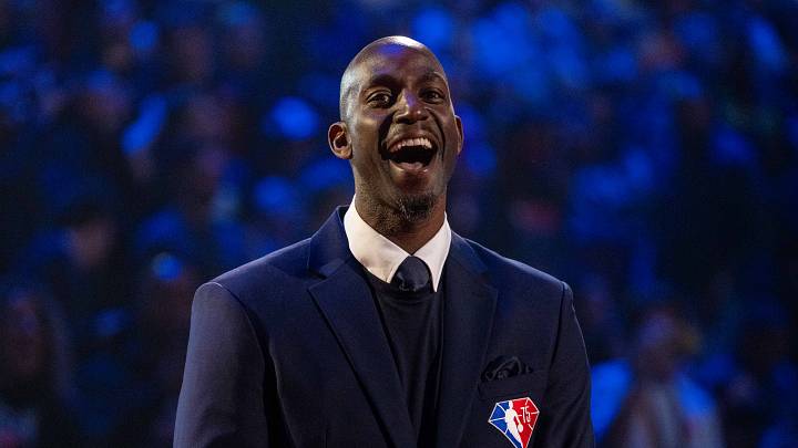 February 20, 2022; Cleveland, Ohio, USA; NBA great Kevin Garnett is honored for being selected to the NBA 75th Anniversary Team during halftime in the 2022 NBA All-Star Game at Rocket Mortgage FieldHouse. Mandatory Credit: Kyle Terada-USA TODAY Sports