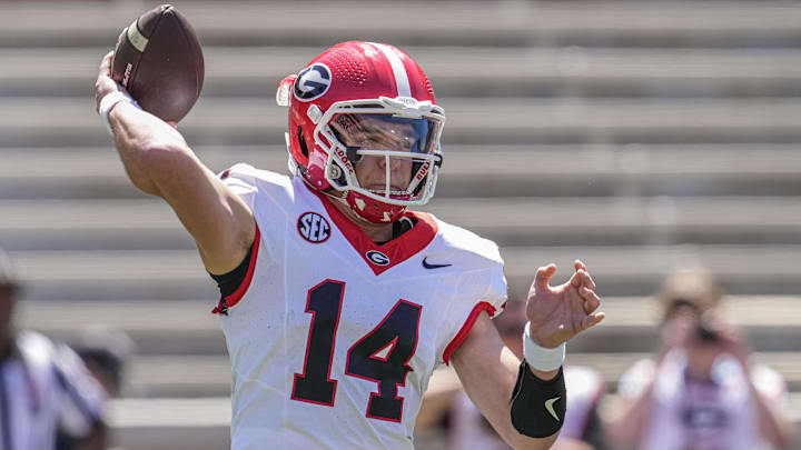 Apr 13, 2024; Athens, GA, USA; Georgia Bulldogs quarterback Gunner Stockton (14) passes the ball during the G-Day Game at Sanford Stadium. Mandatory Credit: Dale Zanine-Imagn Images