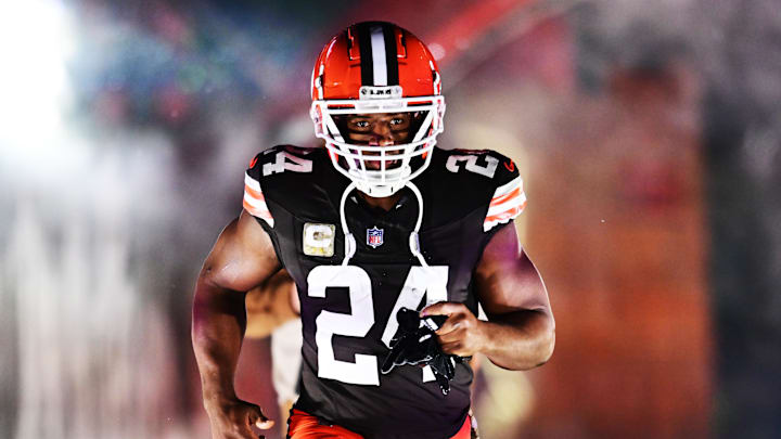 Nov 21, 2024; Cleveland, Ohio, USA; Cleveland Browns running back Nick Chubb (24) is introduced before the game between the Browns and the Pittsburgh Steelers at Huntington Bank Field. Nov 21, 2024; Cleveland, Ohio, USA; Cleveland Browns running back Nick Chubb (24) is introduced before the game between the Browns and the Pittsburgh Steelers at Huntington Bank Field.
