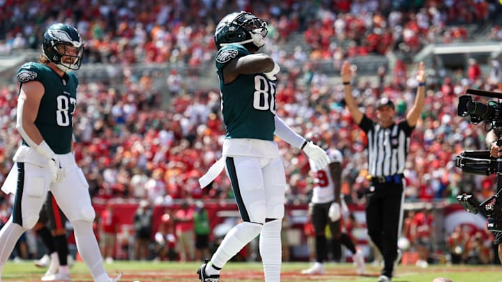 Sep 29, 2024; Tampa, Florida, USA; Philadelphia Eagles wide receiver Parris Campbell (80) celebrates after scoring a touchdown against the Tampa Bay Buccaneers in the second quarter at Raymond James Stadium.