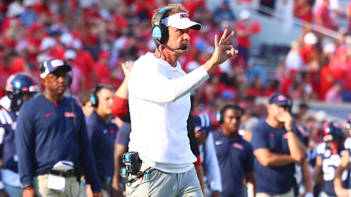 Sep 20, 2025; Oxford, Mississippi, USA; Mississippi Rebels head coach Lane Kiffin reacts during the fourth quarter against the Tulane Green Wave at Vaught-Hemingway Stadium. Mandatory Credit: Petre Thomas-Imagn Images