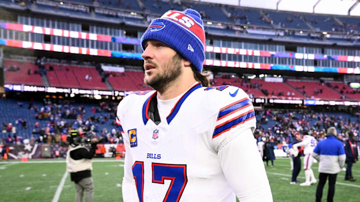 Jan 5, 2025; Foxborough, Massachusetts, USA; Buffalo Bills quarterback Josh Allen (17) walks off of the field after a game against the New England Patriots at Gillette Stadium.