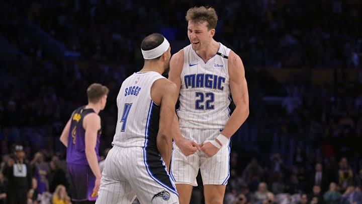 Nov 21, 2024; Los Angeles, California, USA; Orlando Magic forward Franz Wagner (22) celebrates with guard Jalen Suggs (4) after defeating the Los Angeles Lakers with a 3-point basket with 2.5 seconds left in the game at Crypto.com Arena. Mandatory Credit: Jayne Kamin-Oncea-Imagn Images