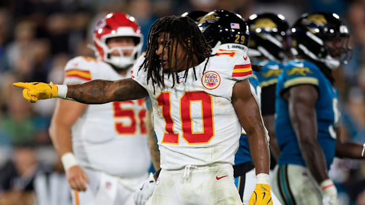 Kansas City Chiefs running back Isiah Pacheco (10) points after picking up a first down during the third quarter of an NFL football matchup at EverBank Stadium, Monday, Oct. 6, 2025, in Jacksonville, Fla. The Jacksonville Jaguars edged the Kansas City Chiefs 31-28. [Corey Perrine/Florida Times-Union]