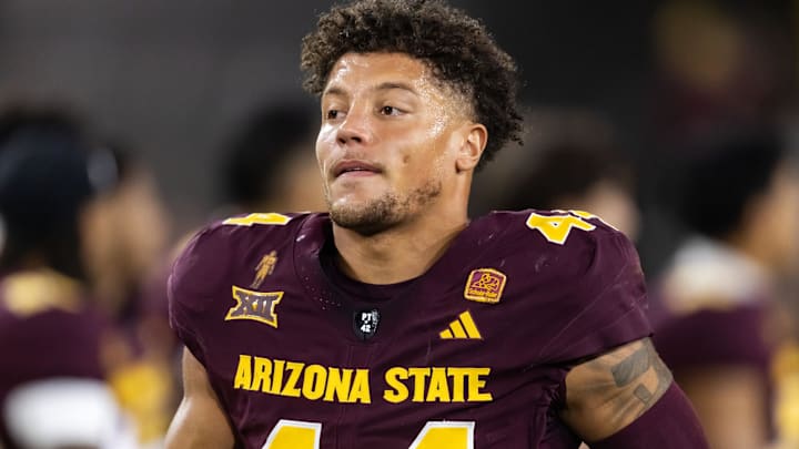 Nov 28, 2025; Tempe, Arizona, USA; Arizona State Sun Devils linebacker Keyshaun Elliott (44) against the Arizona Wildcats during the 99th Territorial Cup at Mountain America Stadium. Mandatory Credit: Mark J. Rebilas-Imagn Images