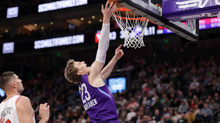 Mar 17, 2025; Salt Lake City, Utah, USA;  Utah Jazz forward Lauri Markkanen (23) puts the ball up to the basket during the second quarter against the Chicago Bulls at Delta Center. Mandatory Credit: Chris Nicoll-Imagn Images