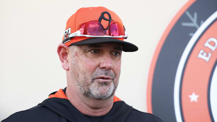 Feb 13, 2025; Sarasota, FL, USA; Baltimore Orioles manager Brandon Hyde talks with media during spring training workouts at Ed Smith Stadium. Mandatory Credit: Kim Klement Neitzel-Imagn Images
