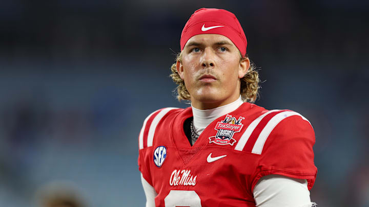 Jan 2, 2025; Jacksonville, FL, USA; Mississippi Rebels quarterback Jaxson Dart (2) warms up before the Gator Bowl against the Duke Blue Devils at EverBank Stadium. Mandatory Credit: Nathan Ray Seebeck-Imagn Images