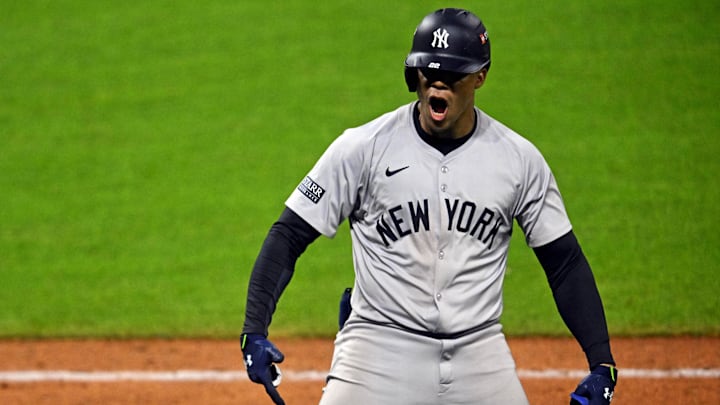Oct 19, 2024; Cleveland, Ohio, USA; New York Yankees outfielder Juan Soto (22) celebrates after hitting three run home run during the tenth inning against the Cleveland Guardians during game five of the ALCS for the 2024 MLB playoffs at Progressive Field. Mandatory Credit: David Richard-Imagn Images
