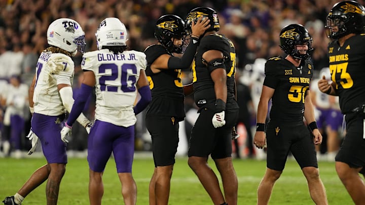 Sep 26, 2025; Tempe, Arizona, USA; Arizona State Sun Devils kicker Jesus Gomez celebrates a field goal with offensive lineman Jalen Klemm (70) against TCU Horned Frogs in the second half at Mountain America Stadium, Home of the ASU Sun Devils. Mandatory Credit: Jacob Reiner-Imagn Images