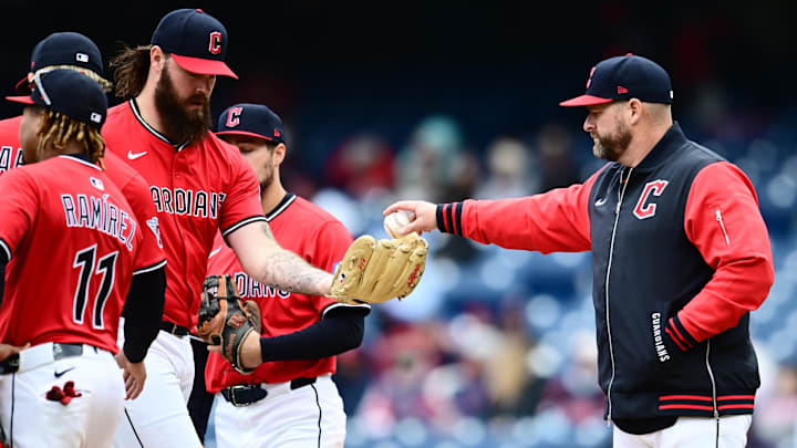 Apr 26, 2025; Cleveland, Ohio, USA; Cleveland Guardians manager Stephen Vogt (12) gives the ball to relief pitcher Hunter Gaddis (33) during the seventh inning against the Boston Red Sox at Progressive Field. Mandatory Credit: Ken Blaze-Imagn Images Apr 26, 2025; Cleveland, Ohio, USA; Cleveland Guardians manager Stephen Vogt (12) gives the ball to relief pitcher Hunter Gaddis (33) during the seventh inning against the Boston Red Sox at Progressive Field. Mandatory Credit: Ken Blaze-Imagn Images