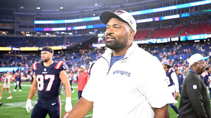 Aug 8, 2024; Foxborough, Massachusetts, USA; New England Patriots  head coach Jerod Mayo walks off of the field after a game against the Carolina Panthers at Gillette Stadium. Mandatory Credit: Brian Fluharty-USA TODAY Sports