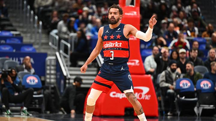 Mar 16, 2026; Washington, District of Columbia, USA; Washington Wizards guard Trae Young (3) on the court against the Golden State Warriors during the first half at Capital One Arena. Mar 16, 2026; Washington, District of Columbia, USA; Washington Wizards guard Trae Young (3) on the court against the Golden State Warriors during the first half at Capital One Arena.