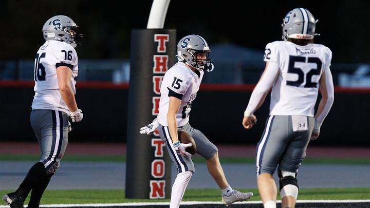 Springfield wide receiver Dakota Short, center, celebrates his touchdown as the Thurston Colts host the Springfield Millers on Sept. 25, 2026 at Thurston High School in Springfield, Oregon. Springfield wide receiver Dakota Short, center, celebrates his touchdown as the Thurston Colts host the Springfield Millers on Sept. 25, 2026 at Thurston High School in Springfield, Oregon.