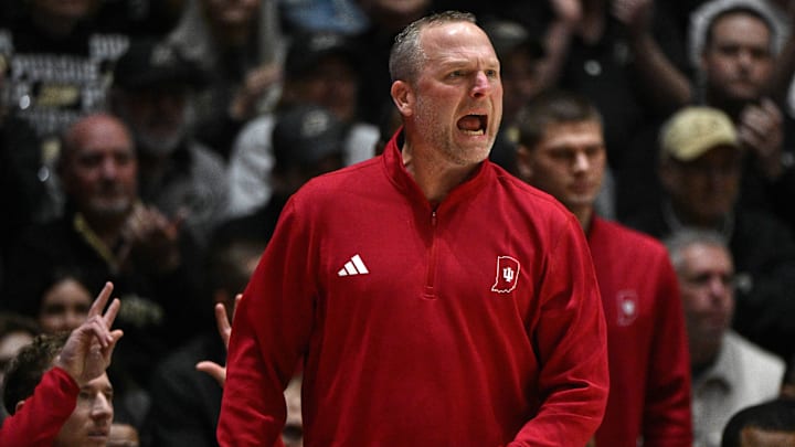 Feb 20, 2026; West Lafayette, Indiana, USA; Indiana Hoosiers head coach Darian Devries reacts to a call during the first half against the Purdue Boilermakers at Mackey Arena. Mandatory Credit: Marc Lebryk-Imagn Images
