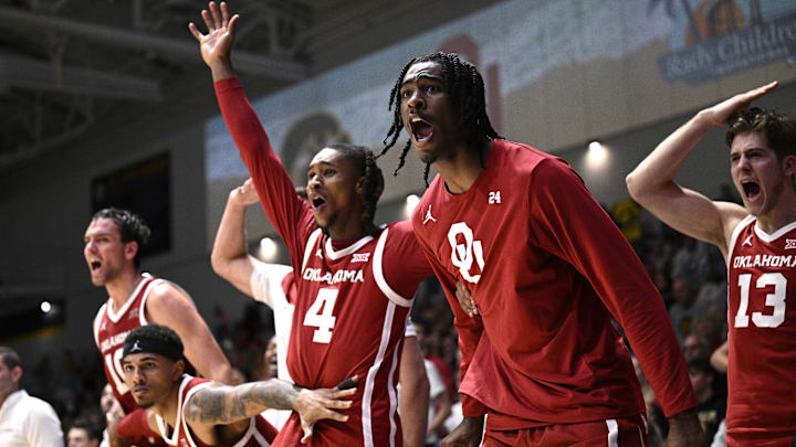 Oklahoma Sooners forward Jacolb Cole (24) celebrates alongside guard Kaden Cooper (4). Oklahoma Sooners forward Jacolb Cole (24) celebrates alongside guard Kaden Cooper (4).