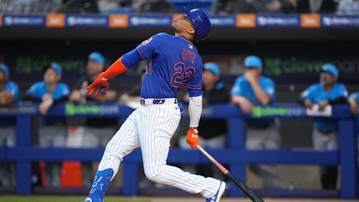 Mar 3, 2025; Port St. Lucie, Florida, USA;  New York Mets outfielder Juan Soto (22) flies out in the first inning against the Miami Marlins at Clover Park. Mandatory Credit: Jim Rassol-Imagn Images