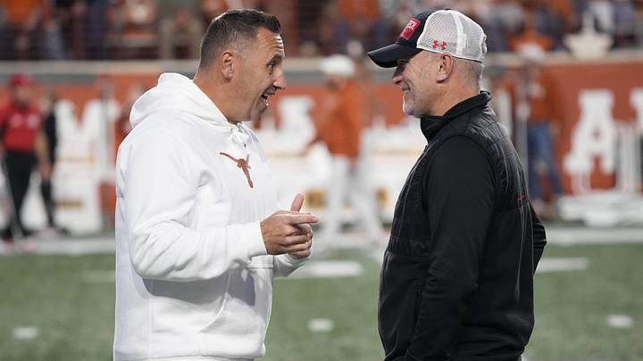 Nov 24, 2023; Austin, Texas, USA; Texas Longhorns head coach Steve Sarkisian with Texas Tech Red Raiders head coach Joey McGuire