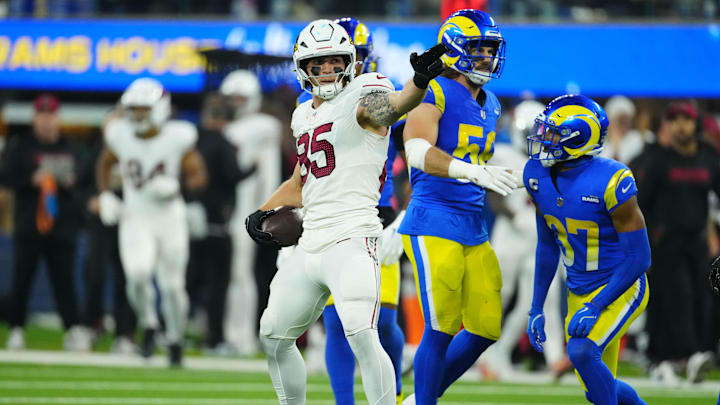 Dec 28, 2024; Inglewood, California, USA; Arizona Cardinals tight end Trey McBride (85) gestures after catching the ball in the first half against the Los Angeles Rams at SoFi Stadium. Mandatory Credit: Kirby Lee-Imagn Images