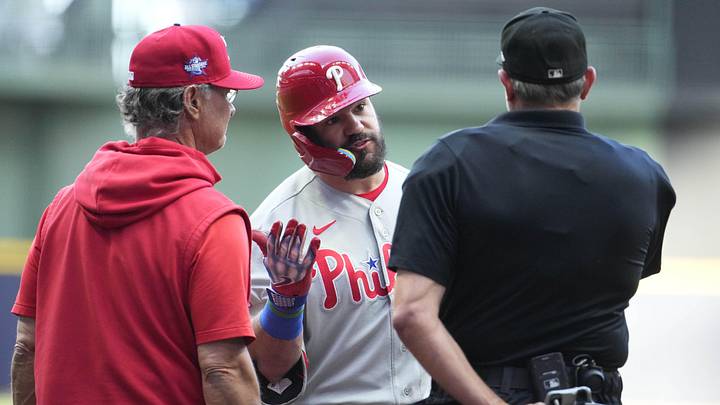 Jun 12, 2026; Milwaukee, Wisconsin, USA; Philadelphia Phillies designated hitter Kyle Schwarber (12) argues a call on a third strike with umpire Chad Fairchild (4) in the first inning at American Family Field. Philadelphia Phillies bench coach Don Mattingly (8) is at the left. Mandatory Credit: Michael McLoone-Imagn Images Jun 12, 2026; Milwaukee, Wisconsin, USA; Philadelphia Phillies designated hitter Kyle Schwarber (12) argues a call on a third strike with umpire Chad Fairchild (4) in the first inning at American Family Field. Philadelphia Phillies bench coach Don Mattingly (8) is at the left. Mandatory Credit: Michael McLoone-Imagn Images