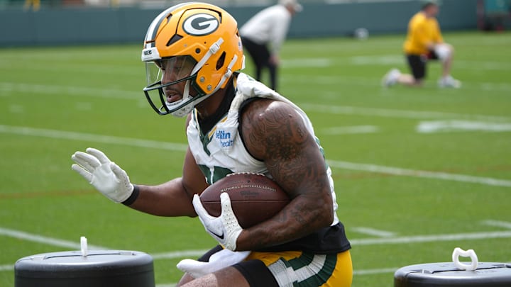 Green Bay Packers running back AJ Dillon (28) is shown during the team’s mini camp Tuesday, June 11, 2024 in Green Bay, Wisconsin.