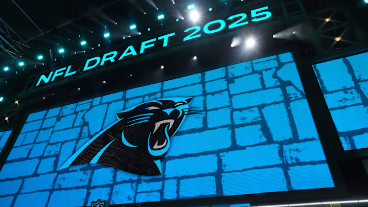 Apr 24, 2025; Green Bay, WI, USA; The Carolina Panthers logo is projected on the video board during the NFL Draft at Lambeau Field. Mandatory Credit: Kirby Lee-Imagn Images