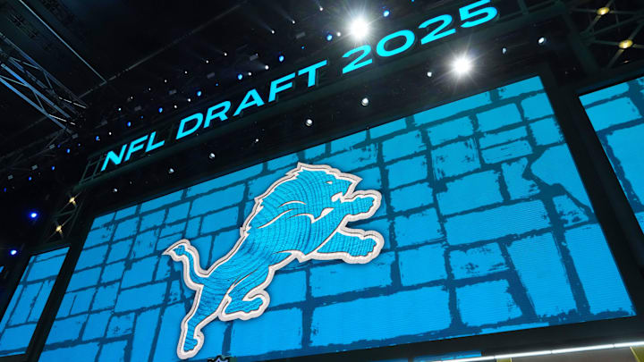 Apr 24, 2025; Green Bay, WI, USA; The Detroit Lions logo is projected on the video board during the NFL Draft at Lambeau Field. Mandatory Credit: Kirby Lee-Imagn Images