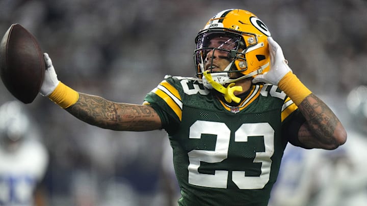 Green Bay Packers cornerback Jaire Alexander (23) reacts after intercepting a pass during the first quarter of the wild card playoff game against the Dallas Cowboys Sunday, January 14, 2024 at AT&T Stadium in Arlington, Texas.