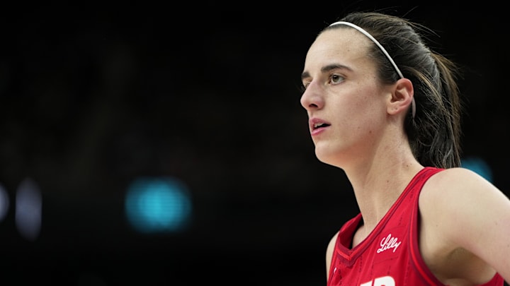 Jun 22, 2025; Las Vegas, Nevada, USA; Indiana Fever guard Caitlin Clark (22) during the second half of a WNBA basketball game against the Las Vegas Aces at T-Mobile Arena. Mandatory Credit: Lucas Peltier-Imagn Images