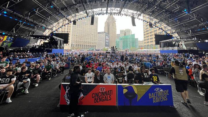 The crowd at the NFL draft's main stage on Saturday, April 27, 2024, the third day of the event in downtown Detroit. The crowd at the NFL draft's main stage on Saturday, April 27, 2024, the third day of the event in downtown Detroit.