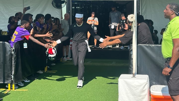 Eagles QB Jalen Hurts arrives to practice on July 24, 2025. Eagles QB Jalen Hurts arrives to practice on July 24, 2025.