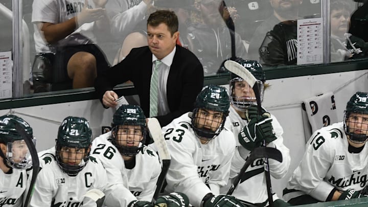Michigan State hockey coach Adam Nightingale looks on during the Spartans' game against Boston College, Saturday, Oct. 12, 2024, at Munn Ice Arena in East Lansing. MSU won 4-3.