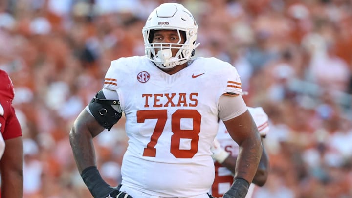 Oct 12, 2024; Dallas, Texas, USA;  Texas Longhorns offensive lineman Kelvin Banks Jr. (78) in action during the game against the Oklahoma Sooners at the Cotton Bowl. Mandatory Credit: Kevin Jairaj-Imagn Images