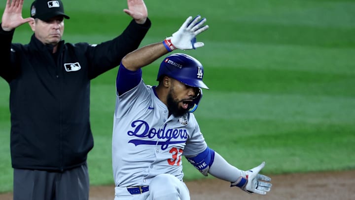 Los Angeles Dodgers outfielder Teoscar Hernandez (37) celebrates after hitting a two-RBI double during the fifth inning against the New York Yankees in game five of the 2024 MLB World Series at Yankee Stadium on Oct 30.