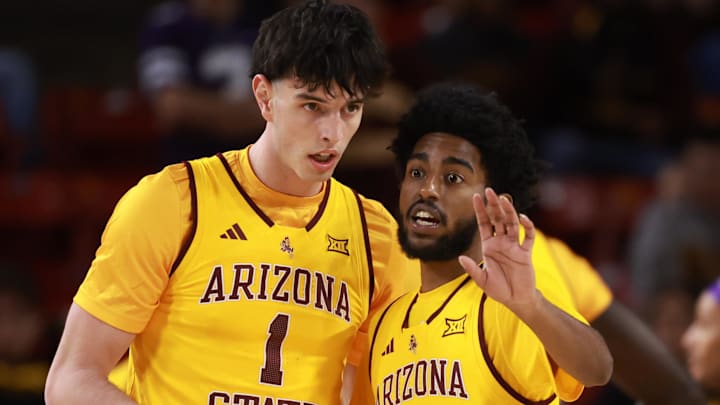 Jan 10, 2026; Tempe, Arizona, USA; Arizona State Sun Devils forward Santiago Trouet (1) with guard Maurice Odum (5) against the Kansas State Wildcats in the first half at Desert Financial Arena. Mandatory Credit: Mark J. Rebilas-Imagn Images